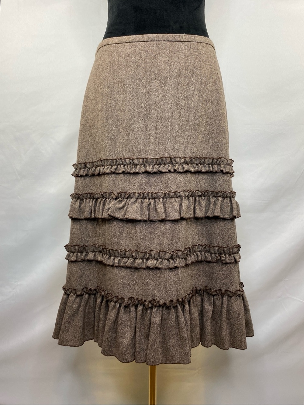 Vintage Y2K Ann Taylor LOFT Brown Wool Blend Ruffle Midi Skirt Size 8